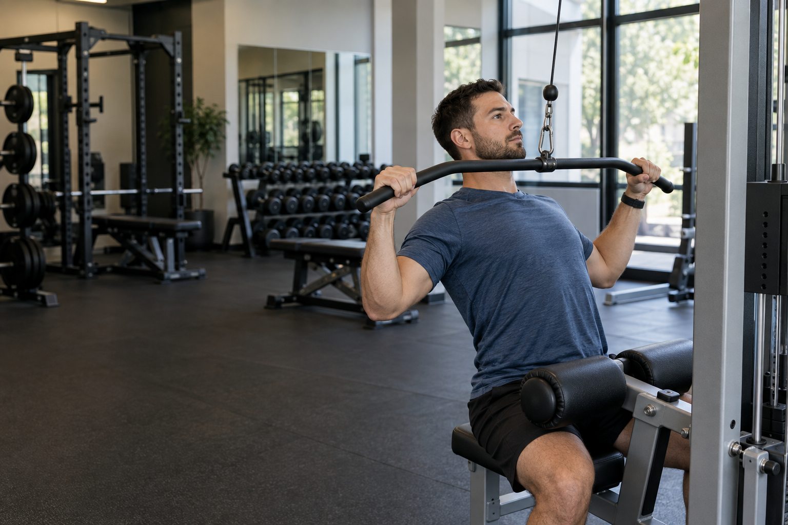Man performing a lat pulldown during a gym workout