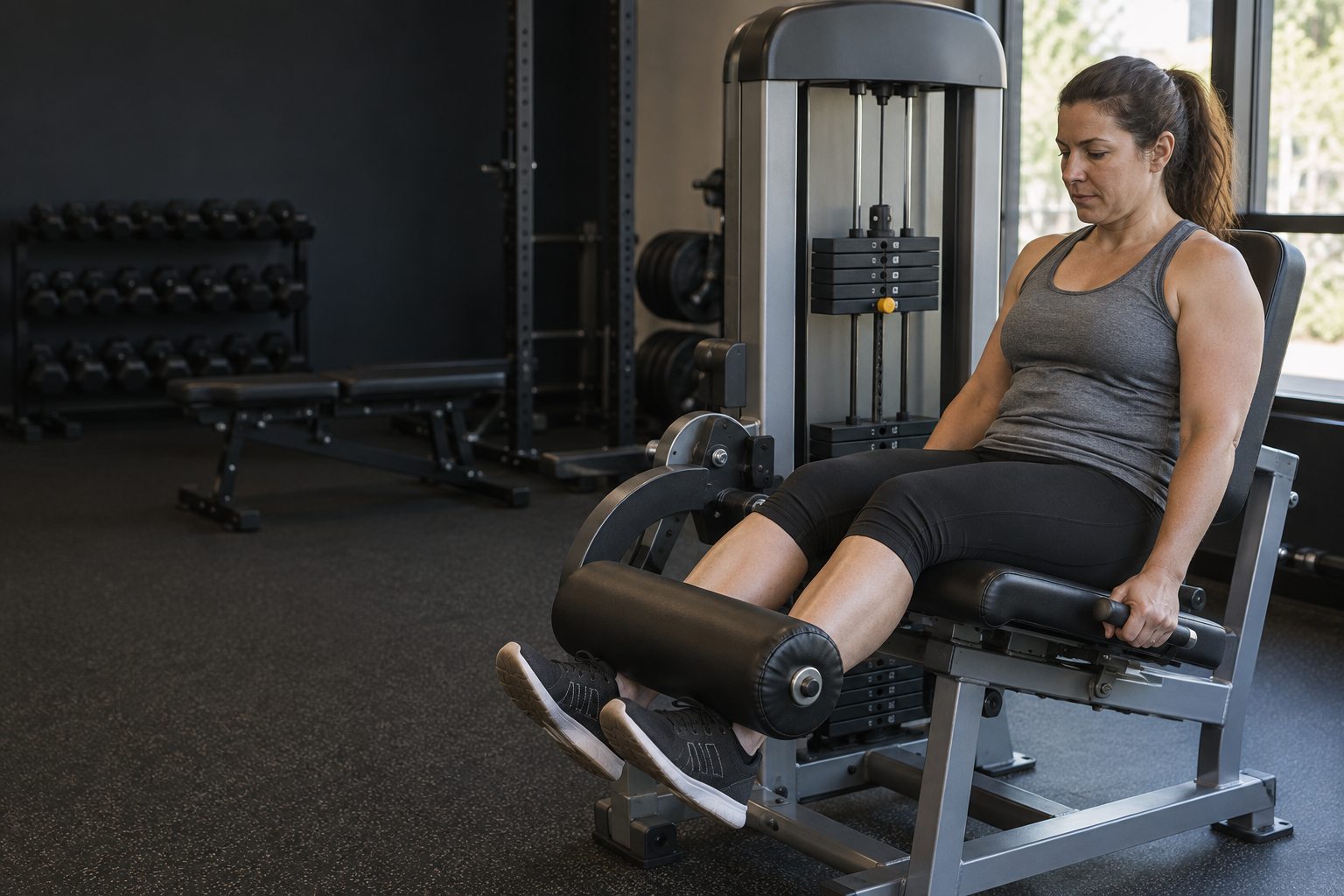 An ordinary beginner performs a controlled standing calf raise on a gym machine