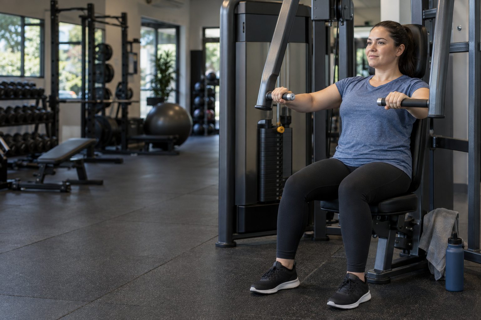 A beginner performs a controlled machine chest press with a manageable load in a community gym