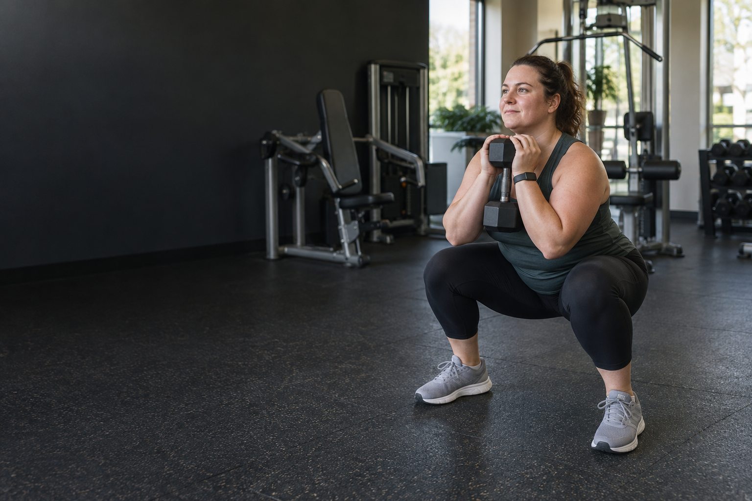 An ordinary beginner performs a controlled goblet squat in a friendly neighborhood gym