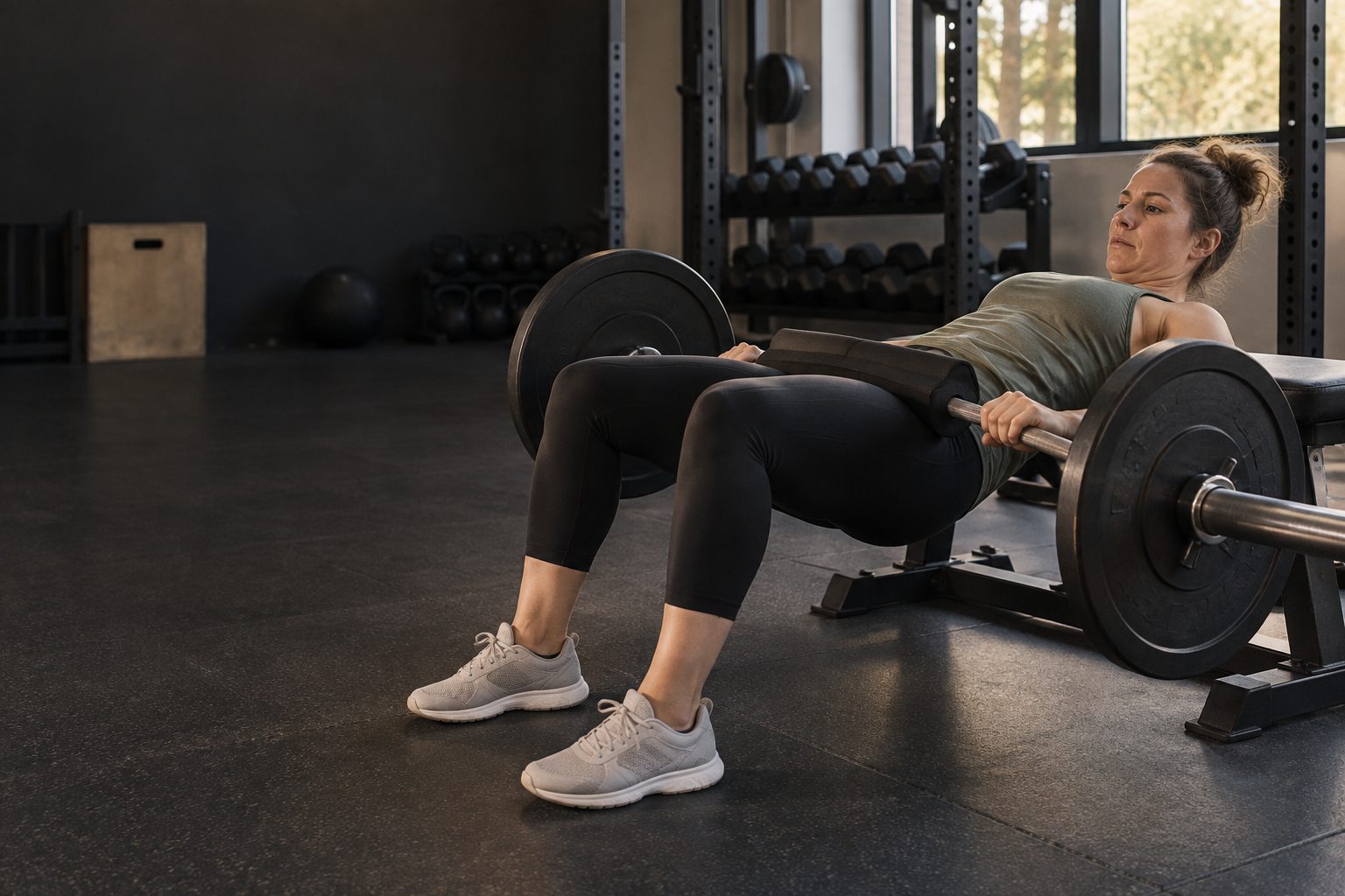 Woman performing a weighted hip thrust in a gym