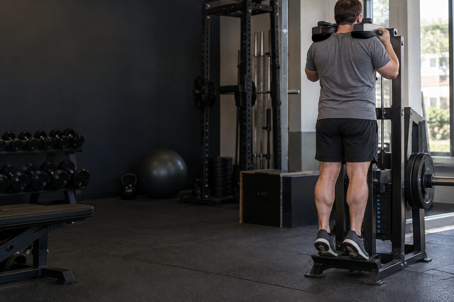 An ordinary beginner uses a leg press with manageable resistance in a community gym