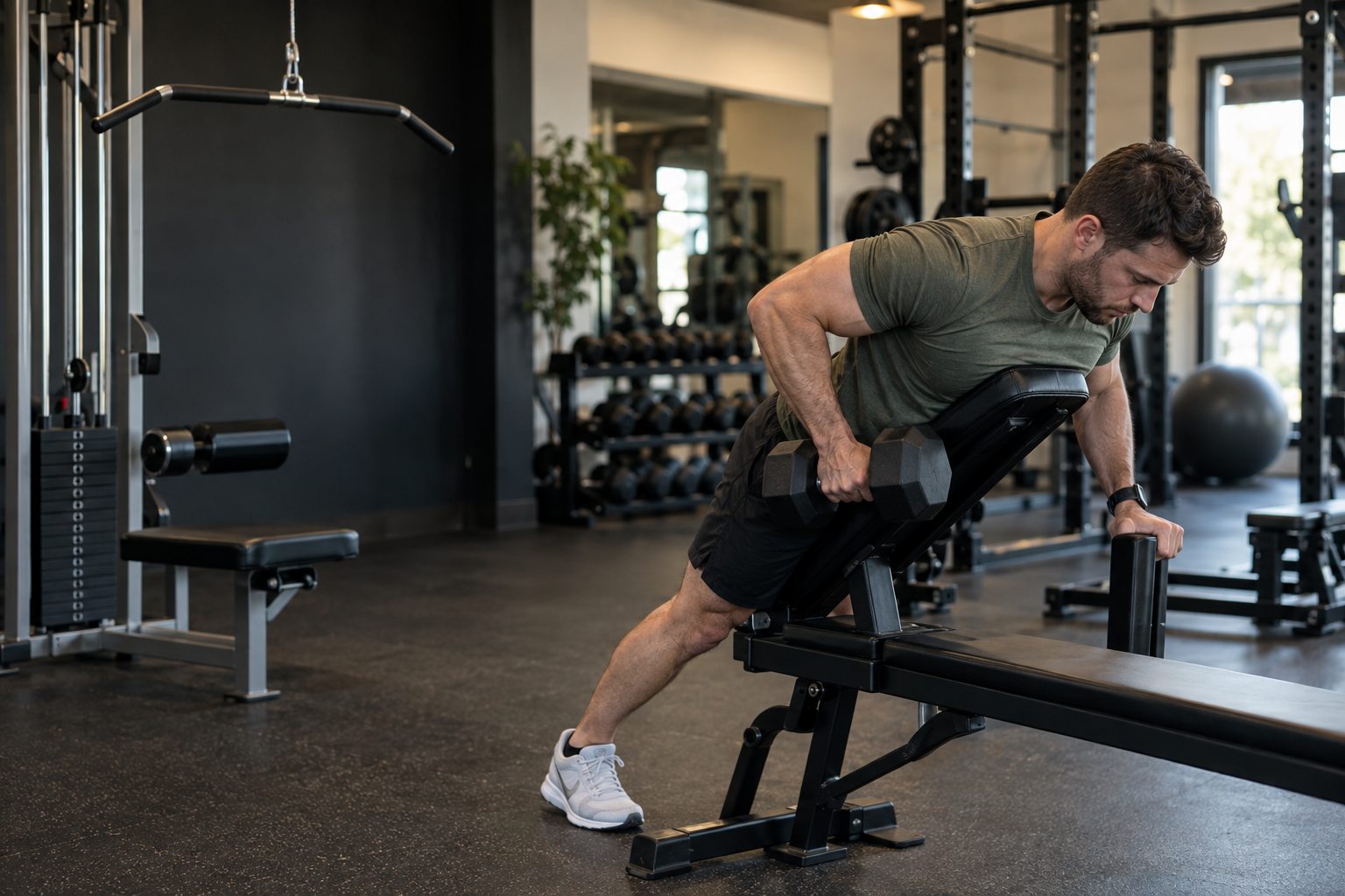 A recreational lifter performs a chest-supported dumbbell row beside cable pulling equipment