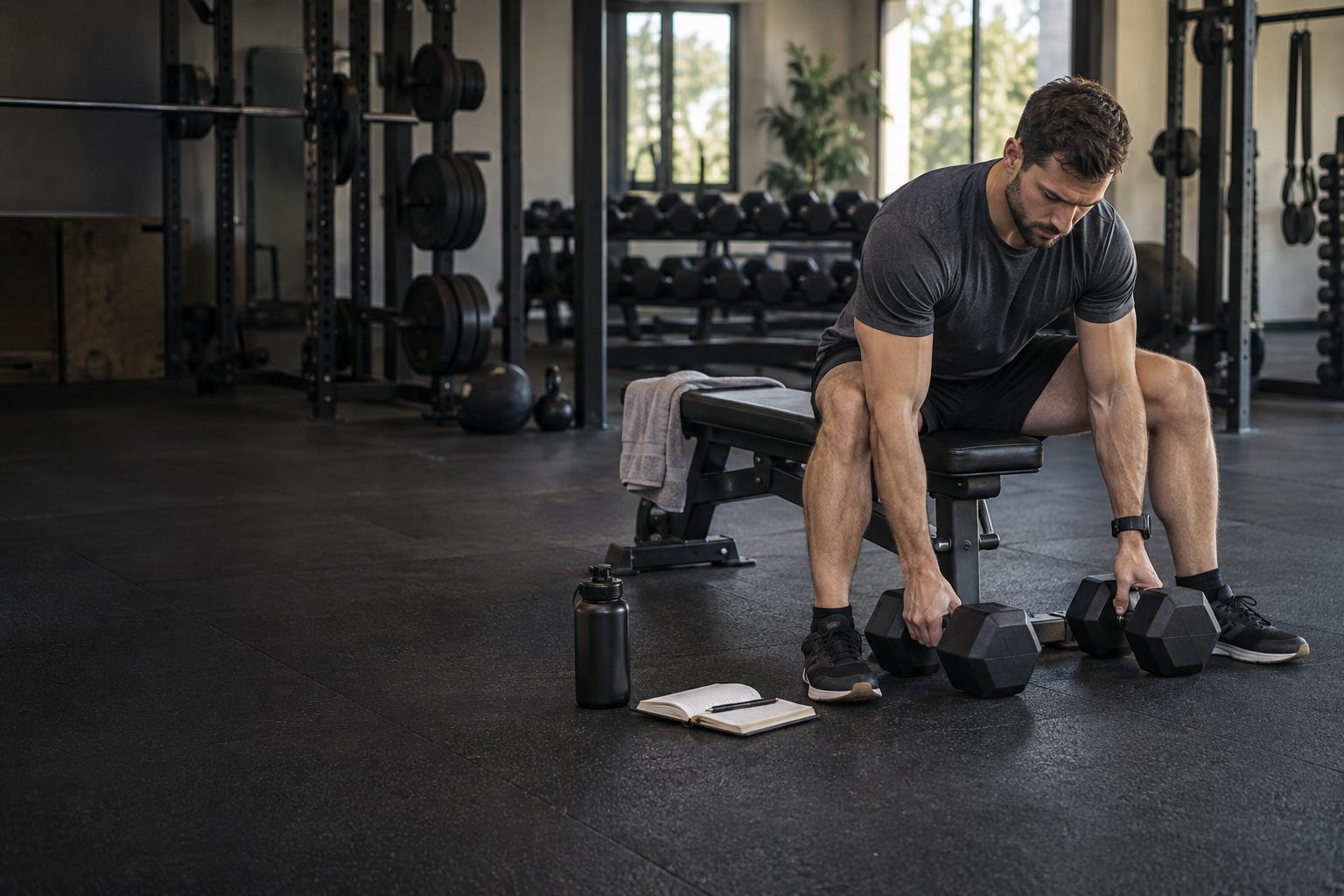 A recreational lifter organizes dumbbells and a training notebook before a focused chest workout