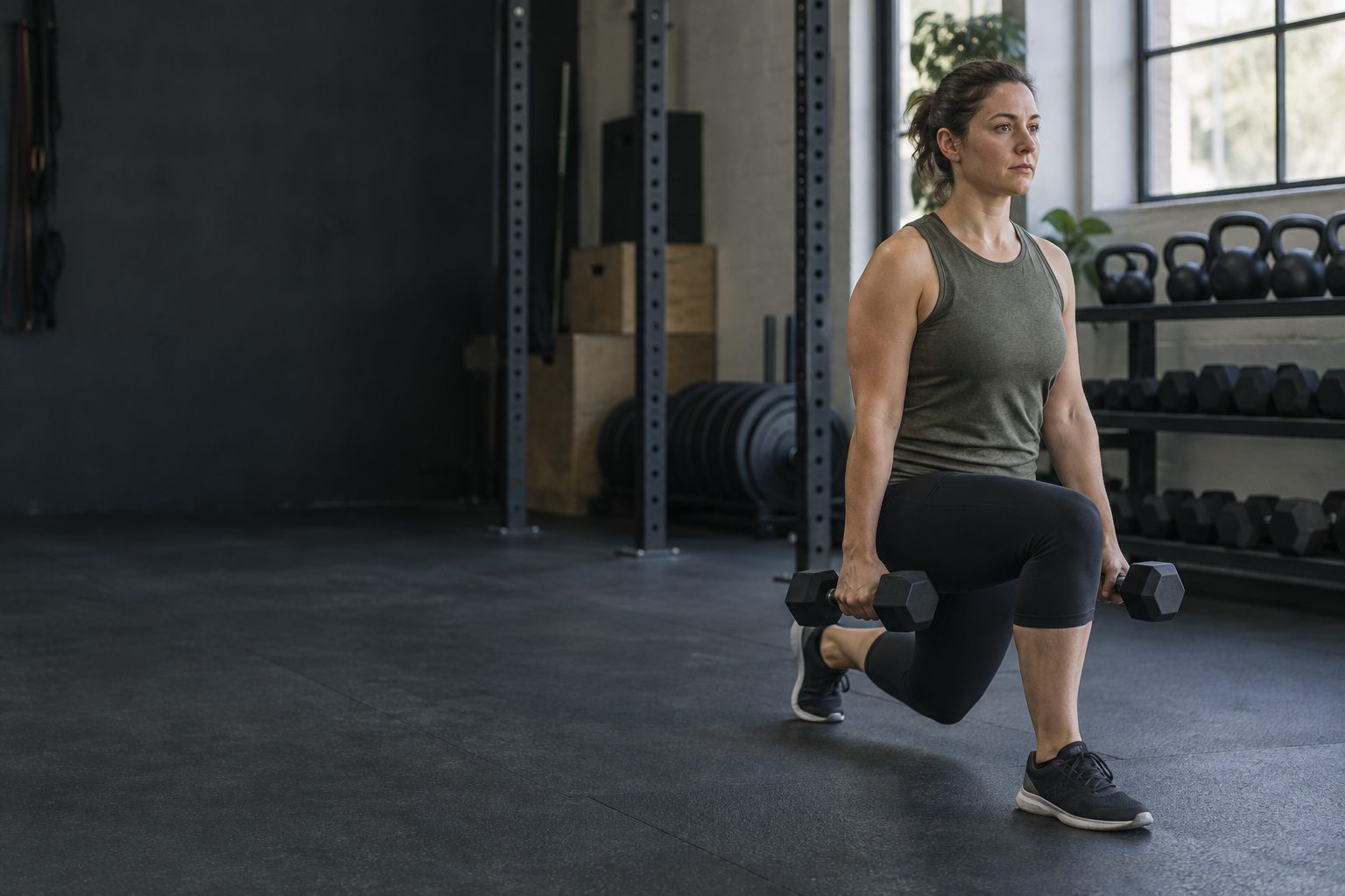 An ordinary gym member performs a controlled reverse lunge with light dumbbells