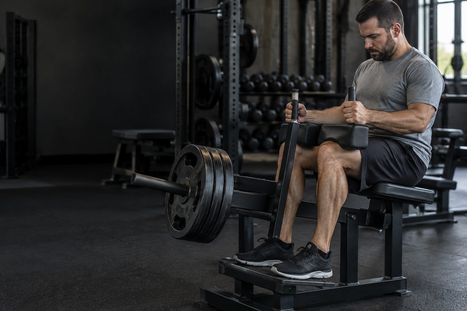 An ordinary adult performs a deliberate seated calf raise in a gym lower-body area