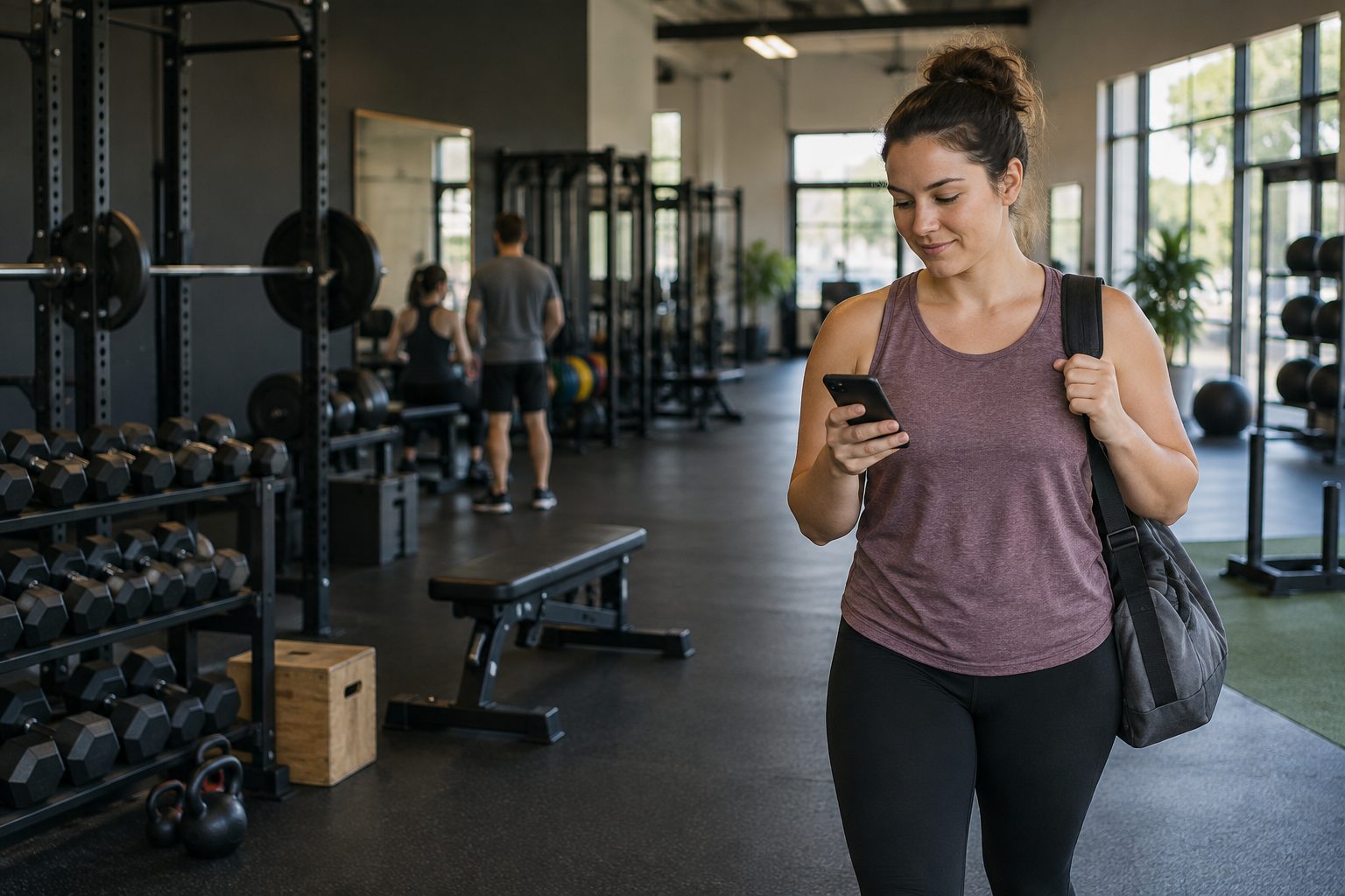 A woman with a gym bag checks her phone as she walks onto a busy gym floor
