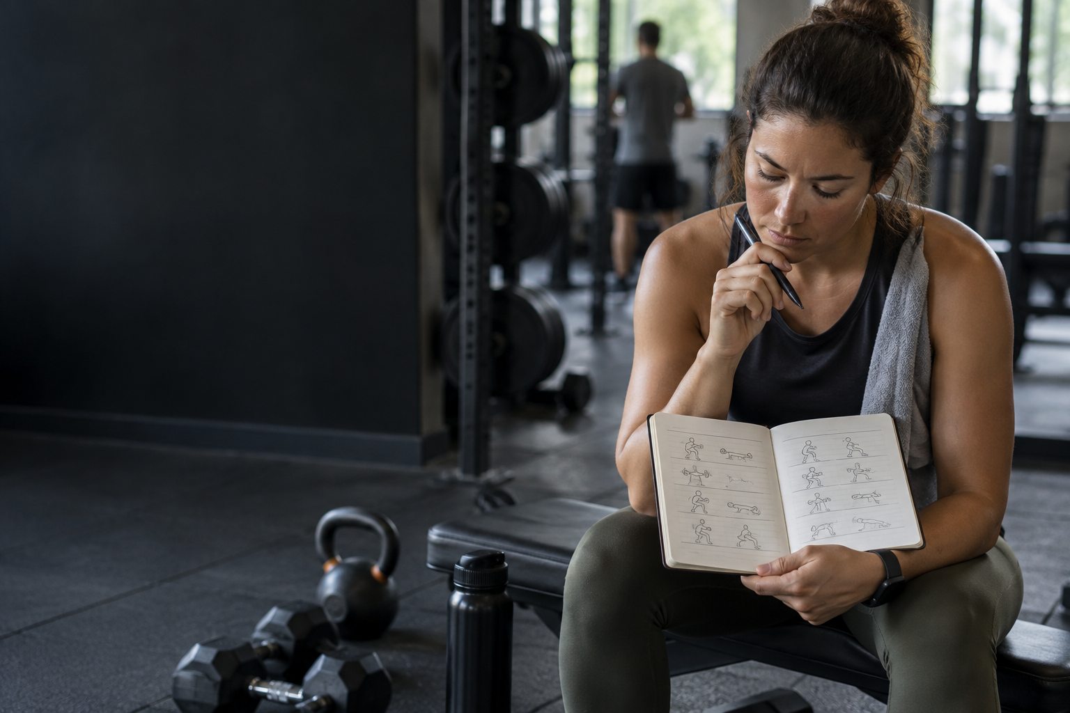 A busy adult compares two simple weekly workout plans beside gym equipment