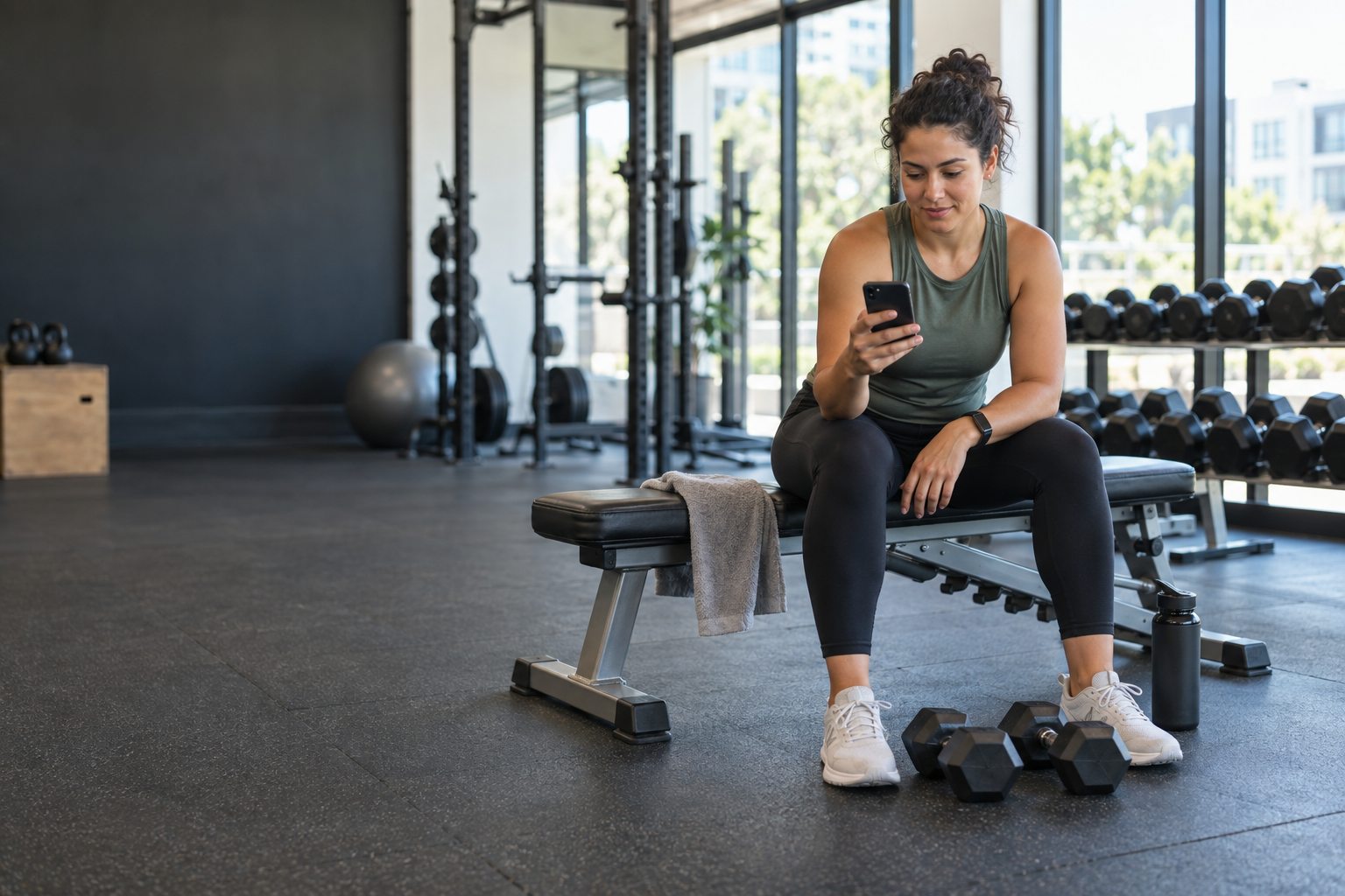 A gym member reviews a workout on her phone beside a weight bench before starting her first set