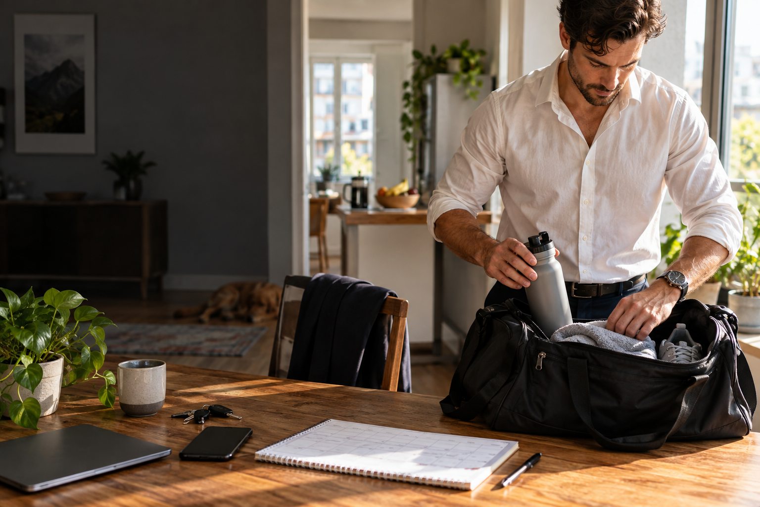 A busy adult packs a gym bag beside a laptop and notebook, fitting a workout into a full day