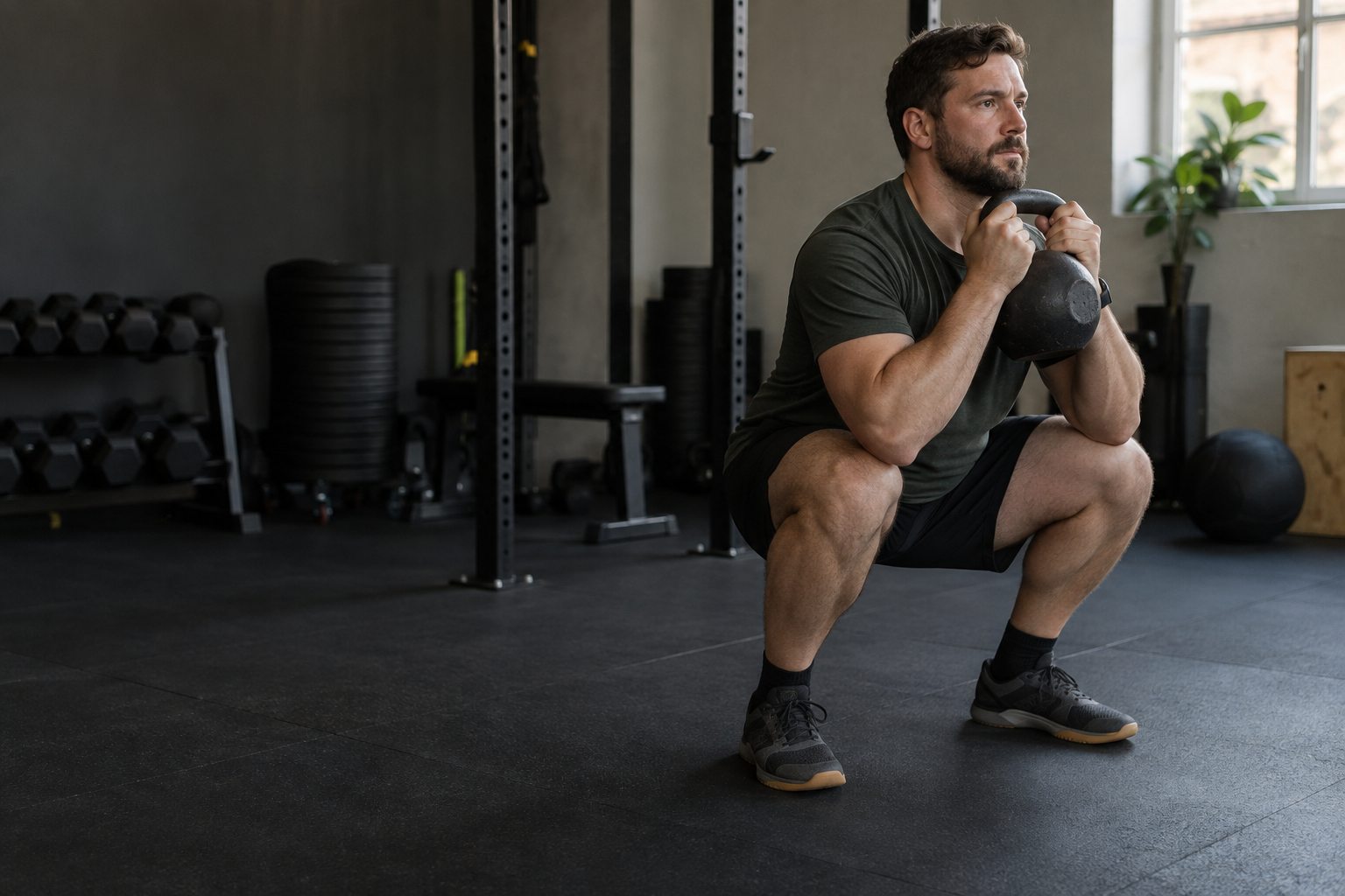 A man performs a controlled goblet squat holding a kettlebell in a gym