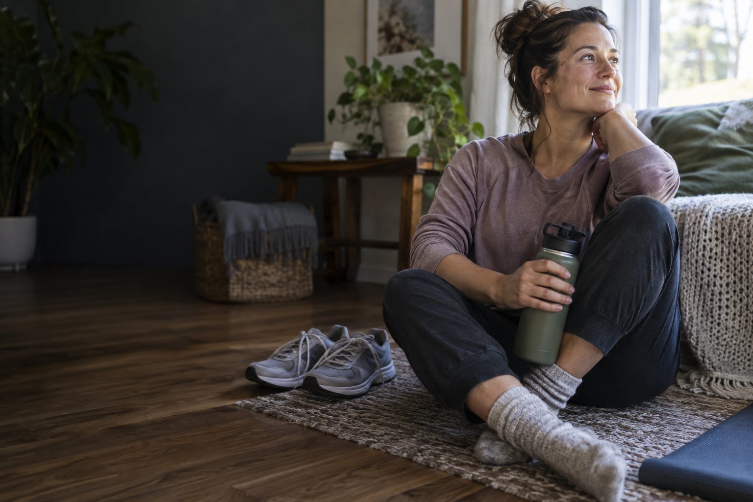 A woman relaxes on the floor at home with a water bottle and shoes nearby on a rest day