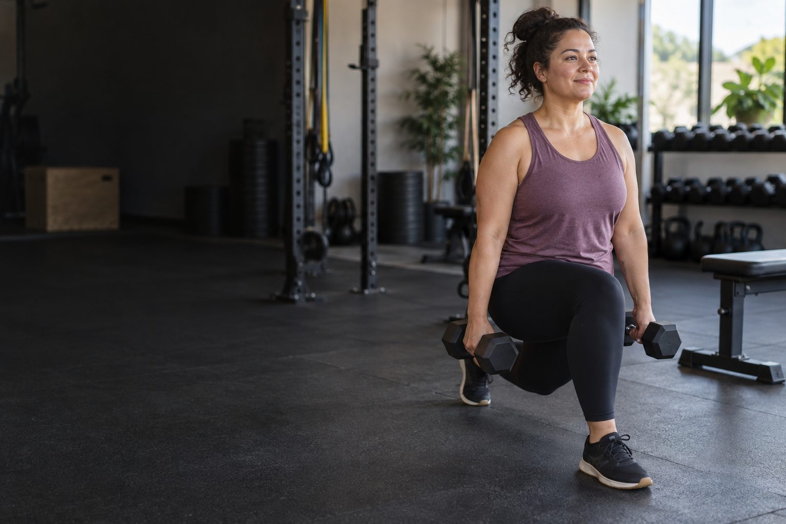 A beginner holds a light dumbbell in a quiet gym area, checking that the weight feels manageable