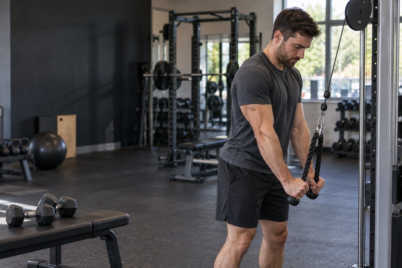 Man performing a cable exercise with focused form