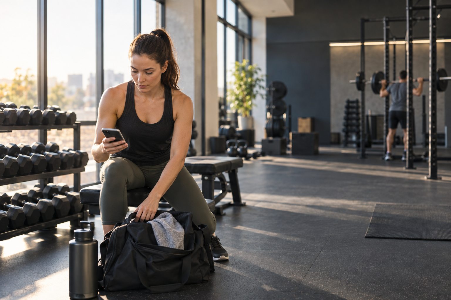 A prepared gym member checks an organized workout plan beside a packed gym bag before training
