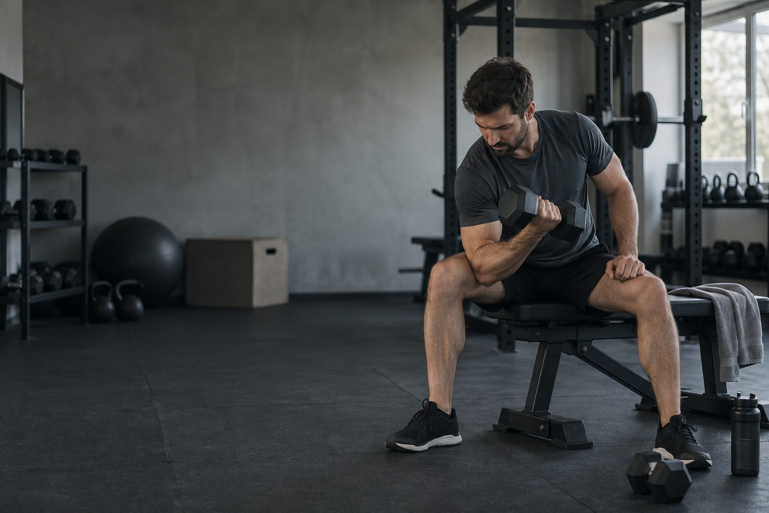 A focused gym member follows a steady dumbbell routine during a quiet, ordinary training session
