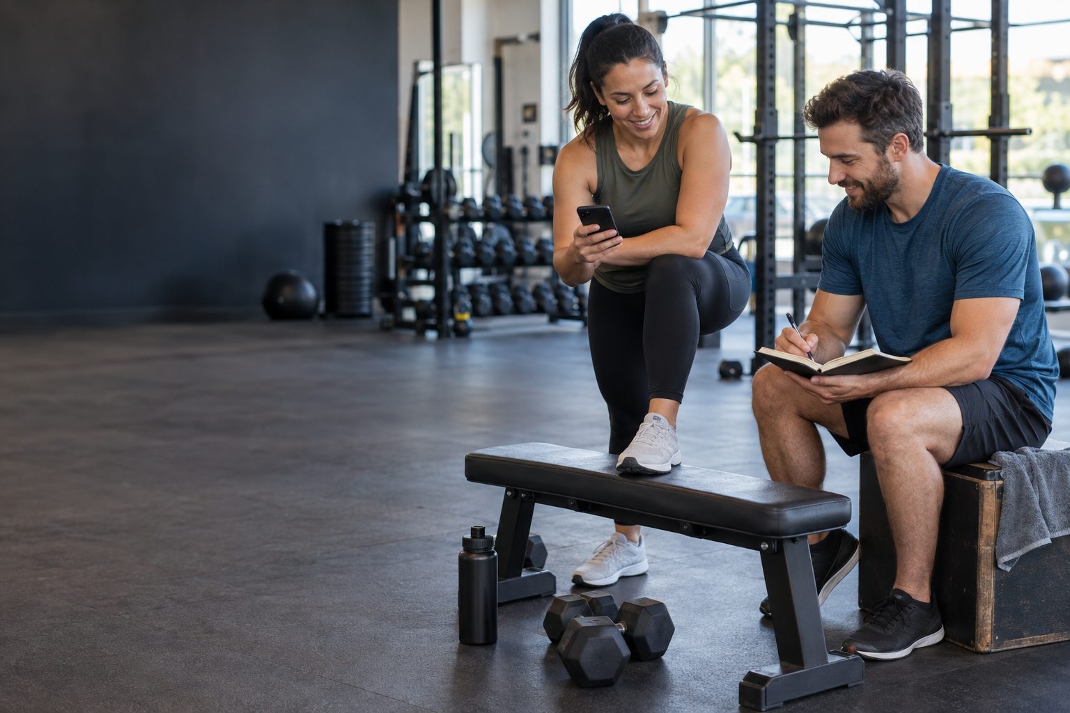 Two gym members compare a phone-based premade workout with a custom routine written in a notebook