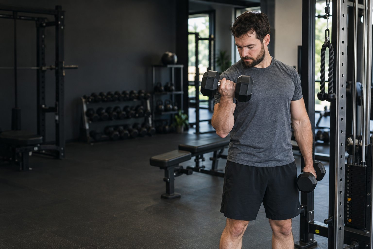 A man performs a controlled dumbbell curl beside a bench in a modern gym