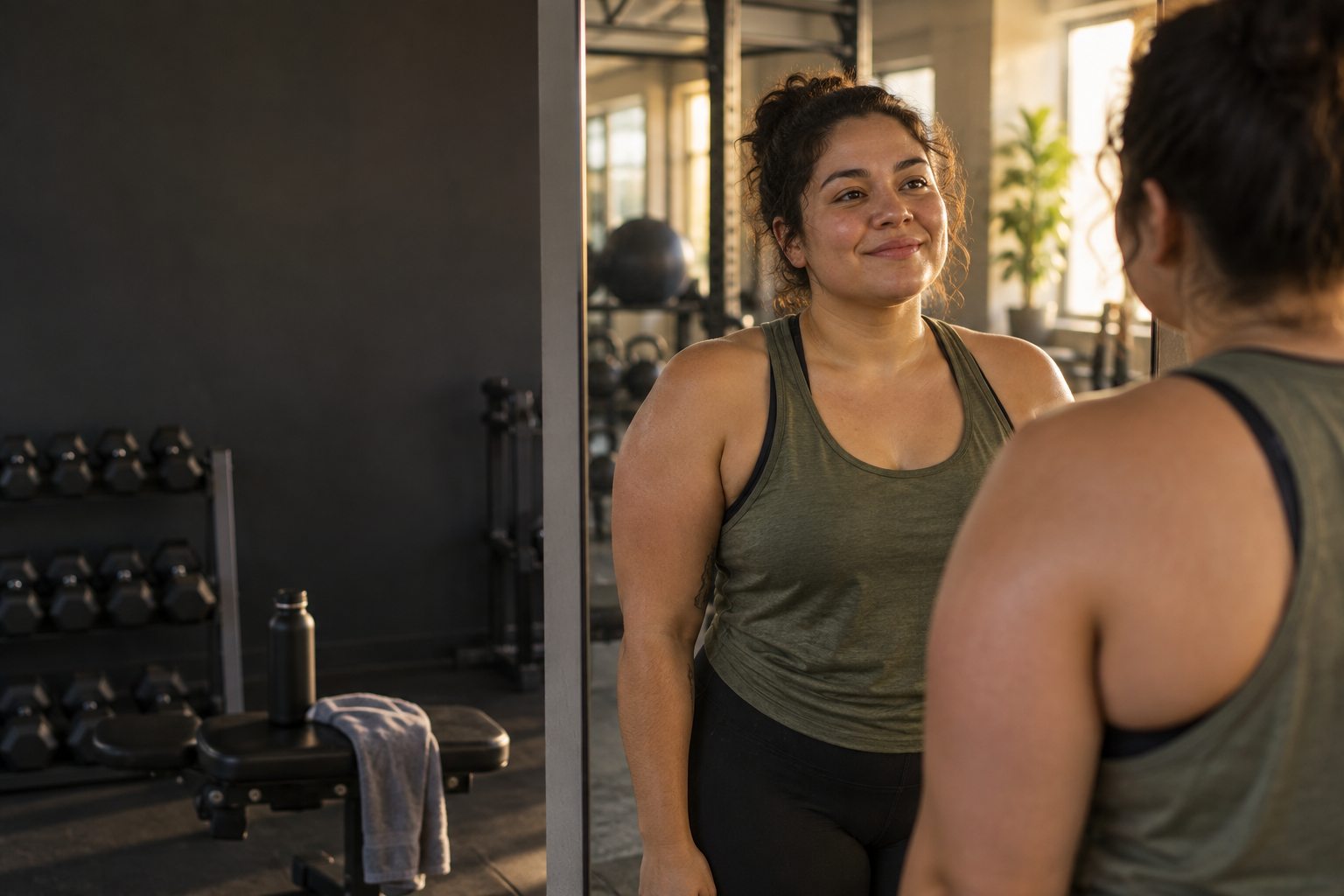 An ordinary adult shares a subtle genuine smile with their reflection after training