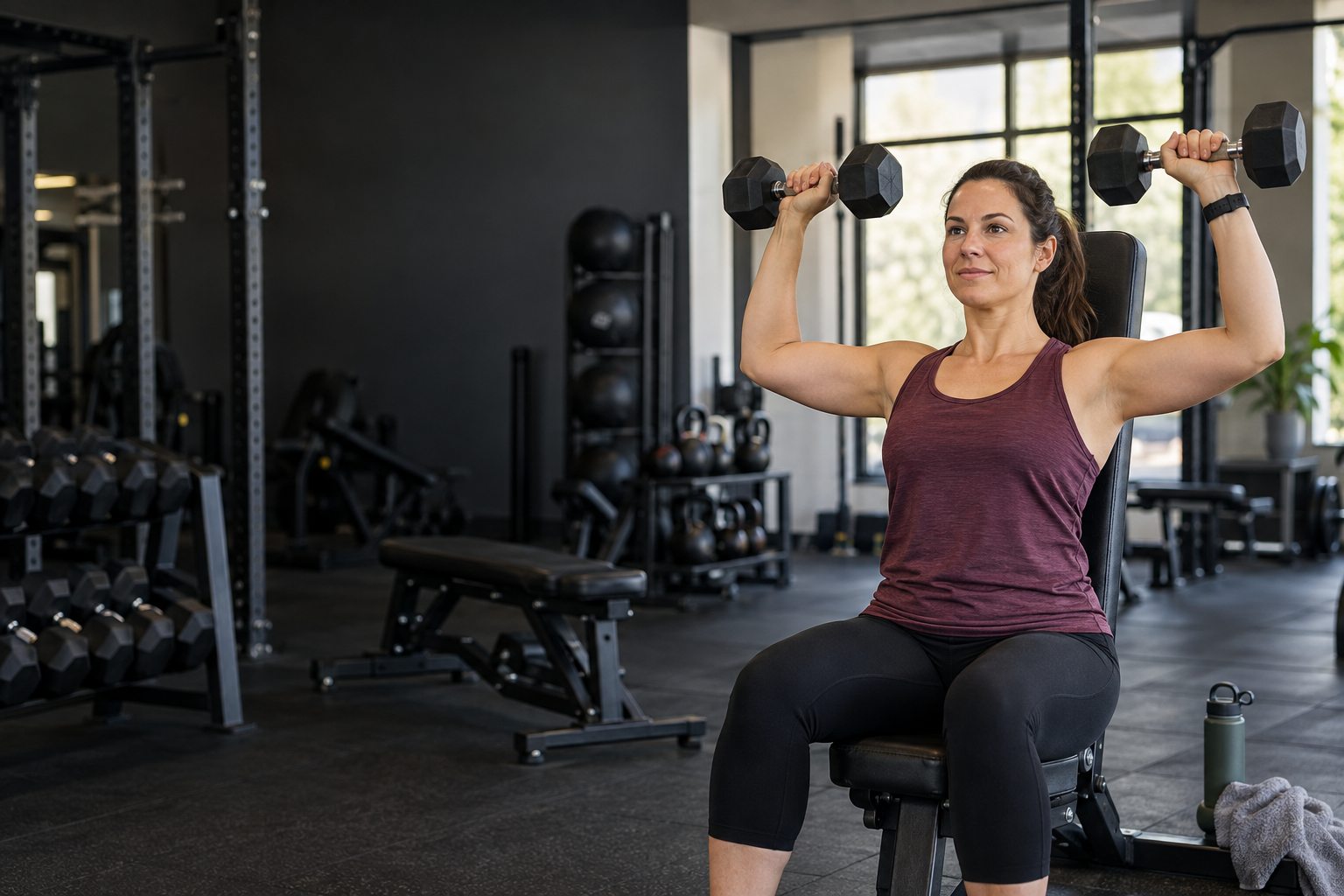 A woman presses dumbbells overhead while seated on a bench in a bright gym, keeping the movement controlled