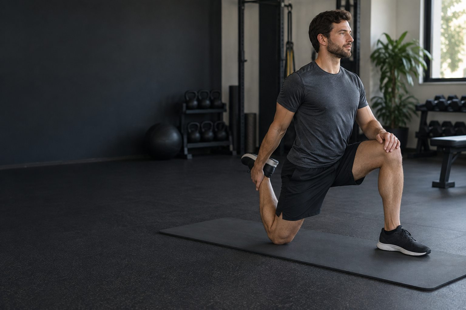 An ordinary adult performs a gentle half-kneeling hip flexor stretch after training