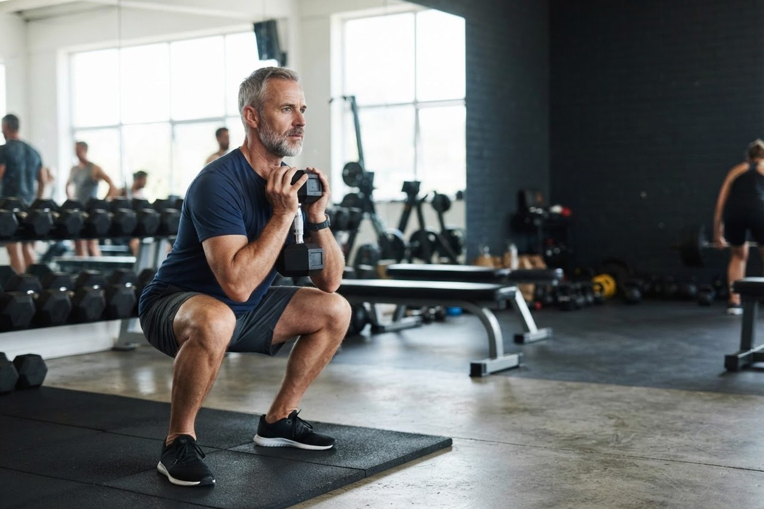 A strong grey-haired man performing a dumbbell goblet squat in a gym