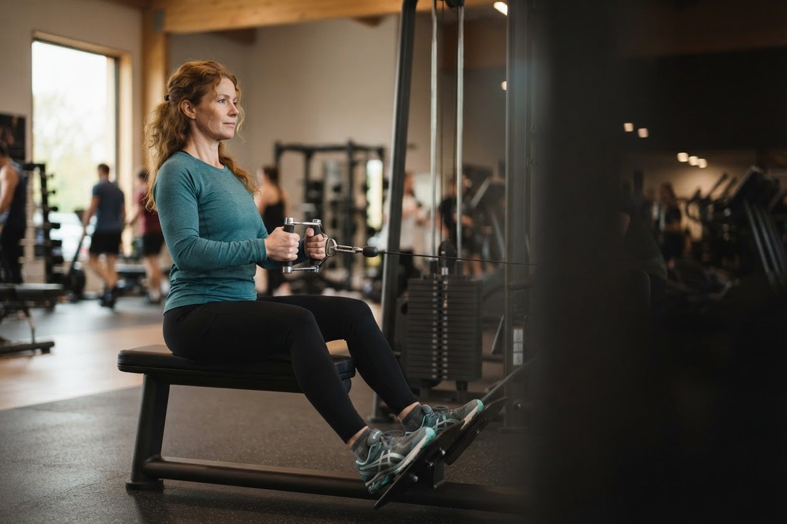 A woman performing a seated cable row with steady posture in a bright gym