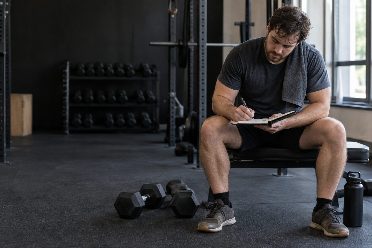Man recording progress after a workout