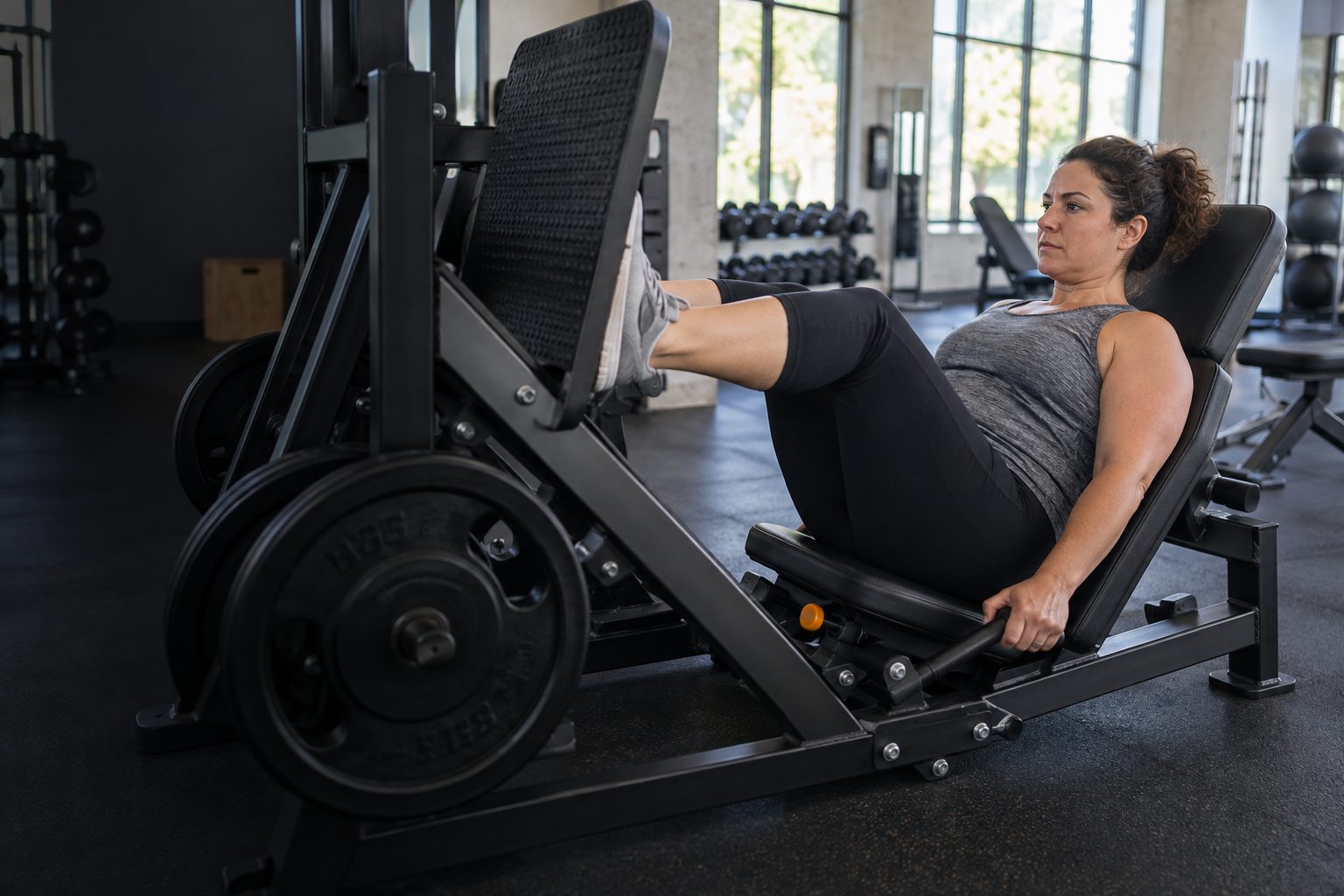 An ordinary adult performs a controlled goblet squat during a focused gym session