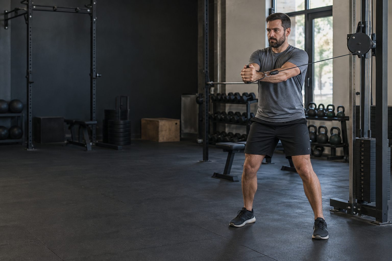 A man pulls a cable across his body at a cable station in a gym with dumbbell racks behind him