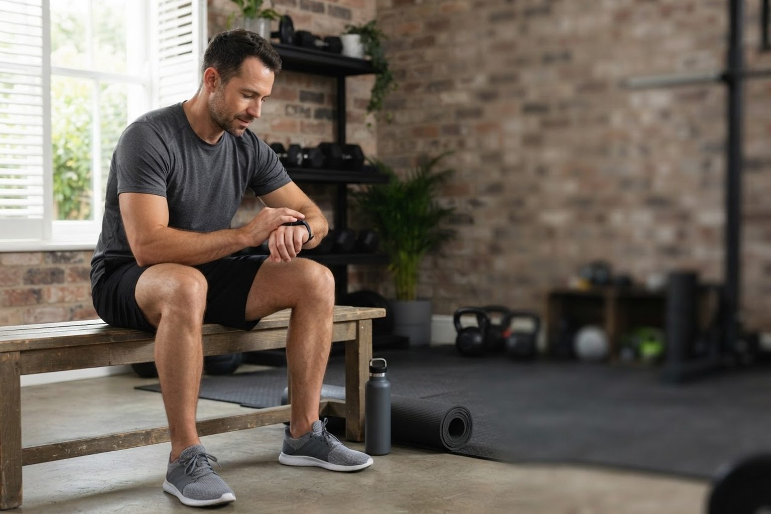 A man sitting on a bench in a home gym, checking his fitness watch