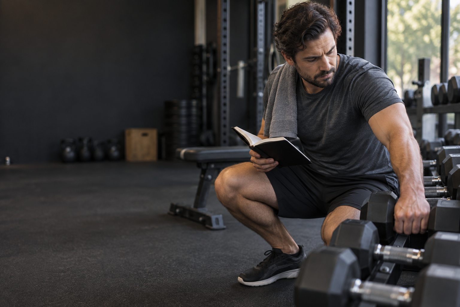 An ordinary intermediate lifter selects a slightly heavier dumbbell while checking a workout log