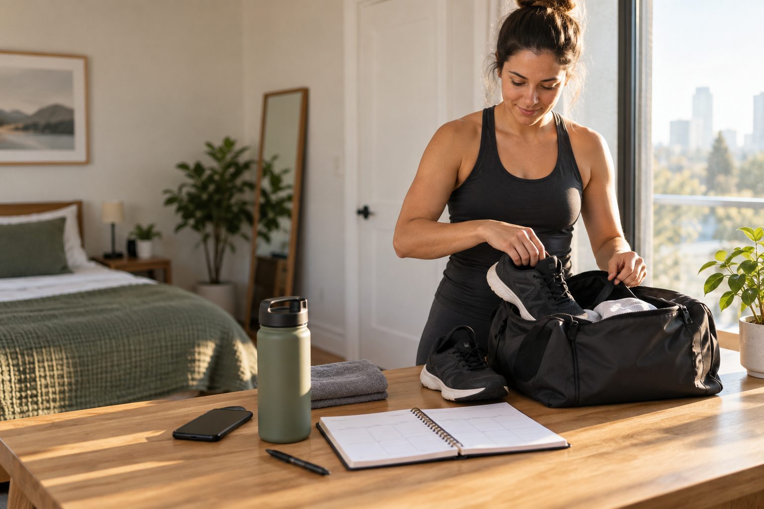 A busy adult packs gym shoes beside a weekly planner to prepare for scheduled workouts