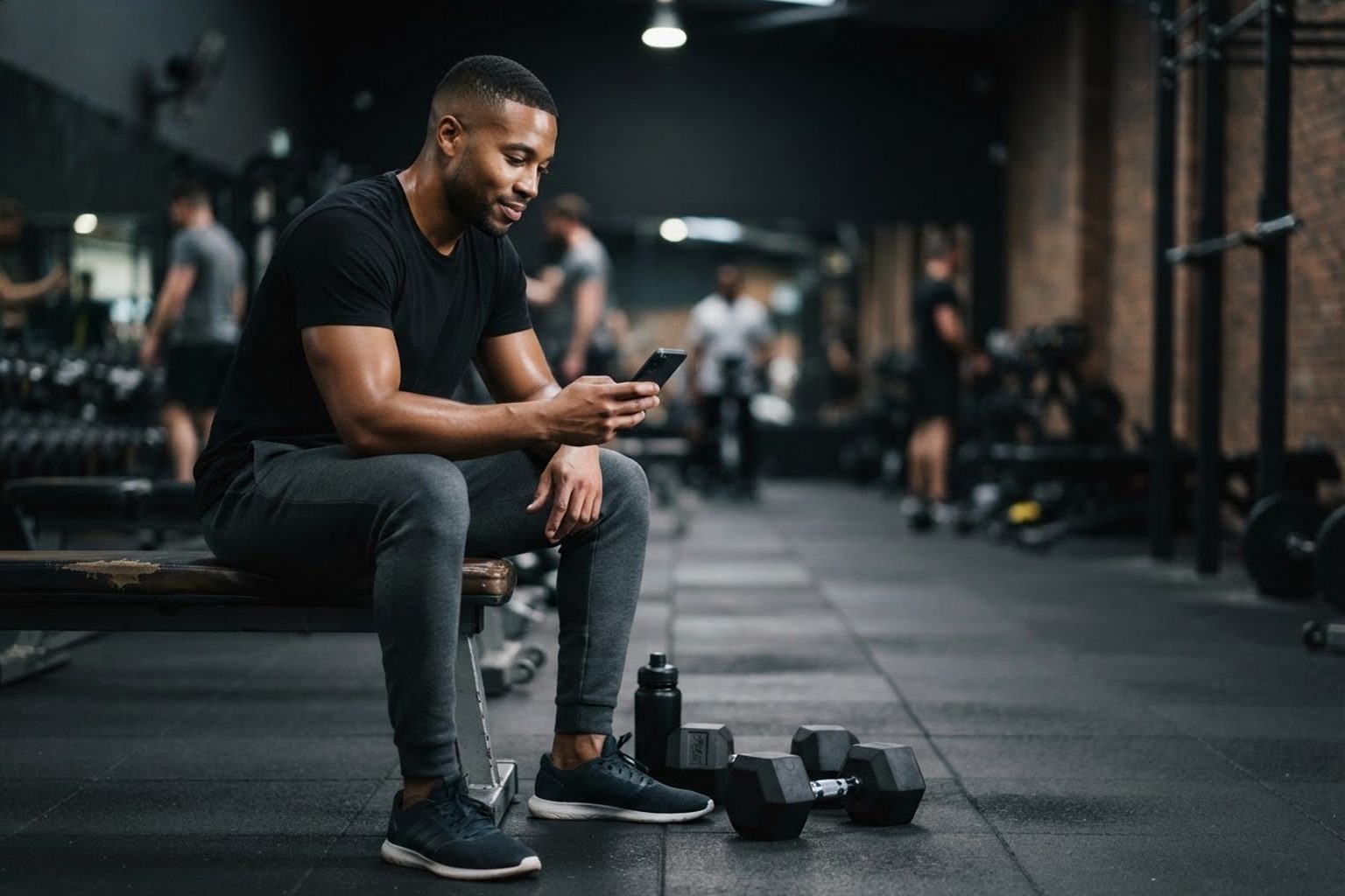 A man sitting on a gym bench between sets, logging his workout on his phone, with dumbbells at his feet