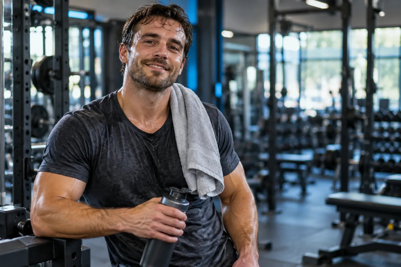 A smiling man rests after a workout, towel over his shoulder, at ease with where he is in his training