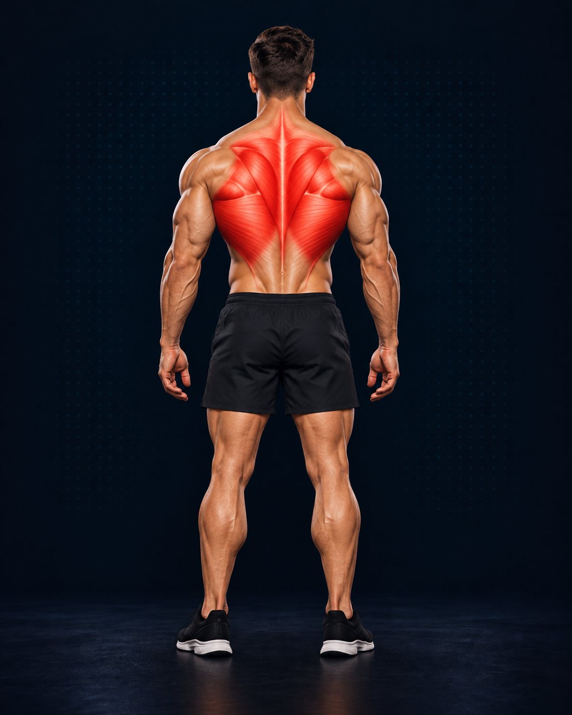 Standing athletic human with back muscles highlighted in red