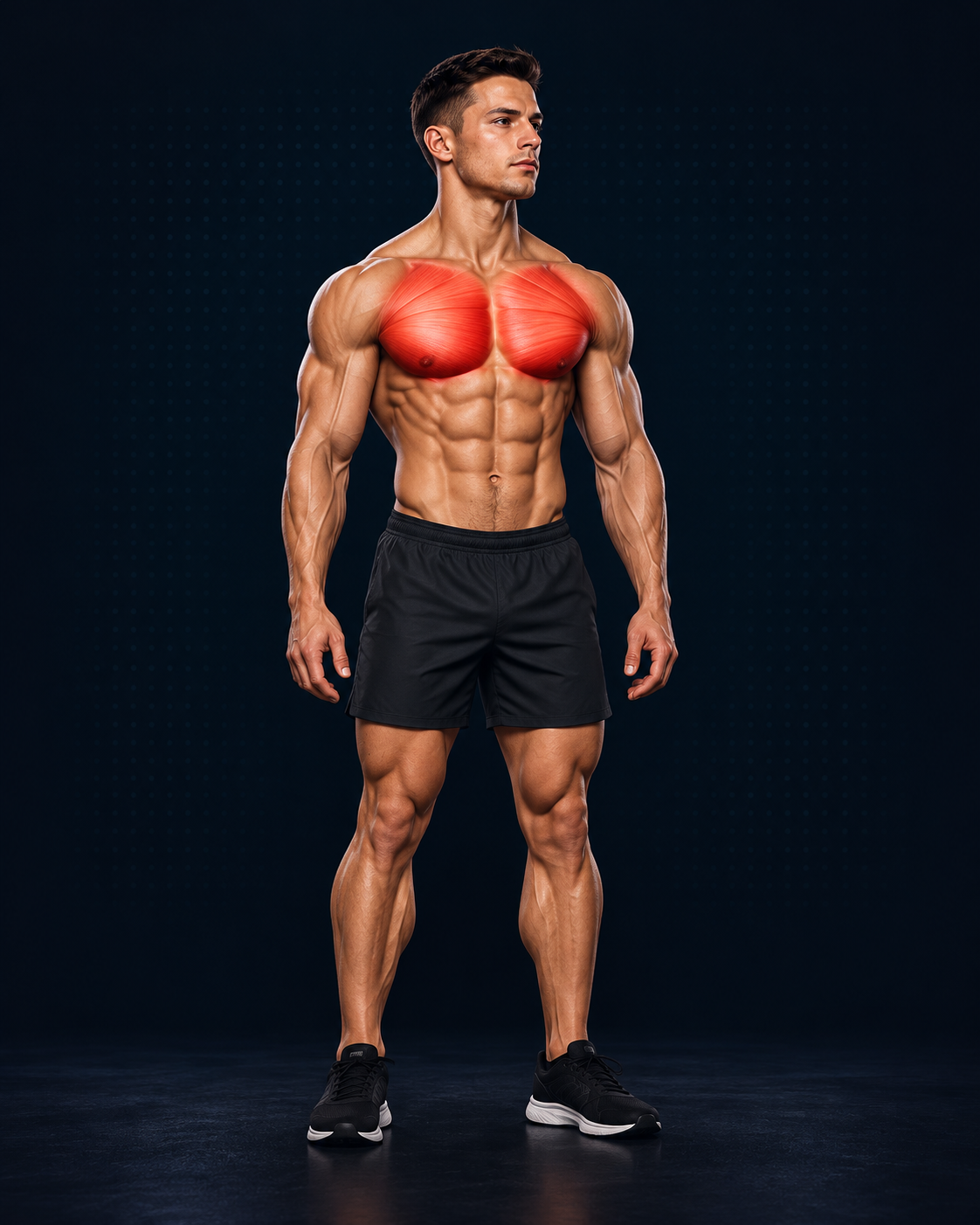 Standing athletic human with chest muscles highlighted in red