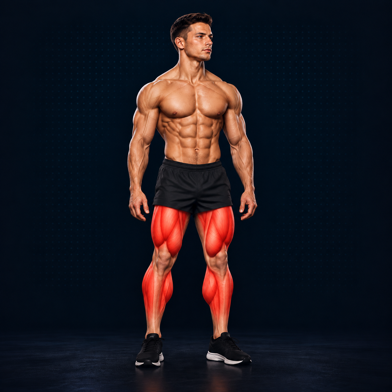 Standing athletic human with leg muscles highlighted in red