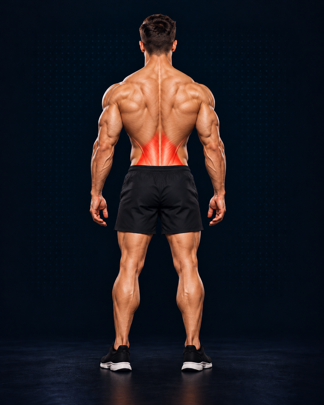 Standing athletic human with lower-back muscles highlighted in red