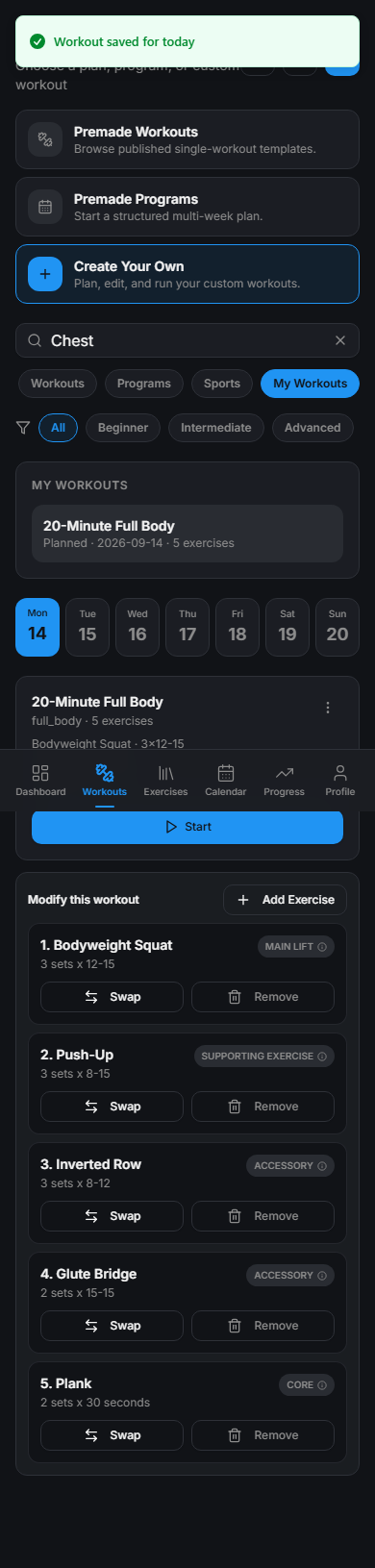 FitForgeFlow custom workout creation screen