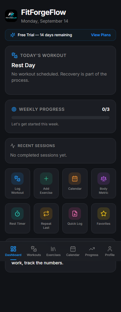 FitForgeFlow dashboard showing weekly progress and recent sessions