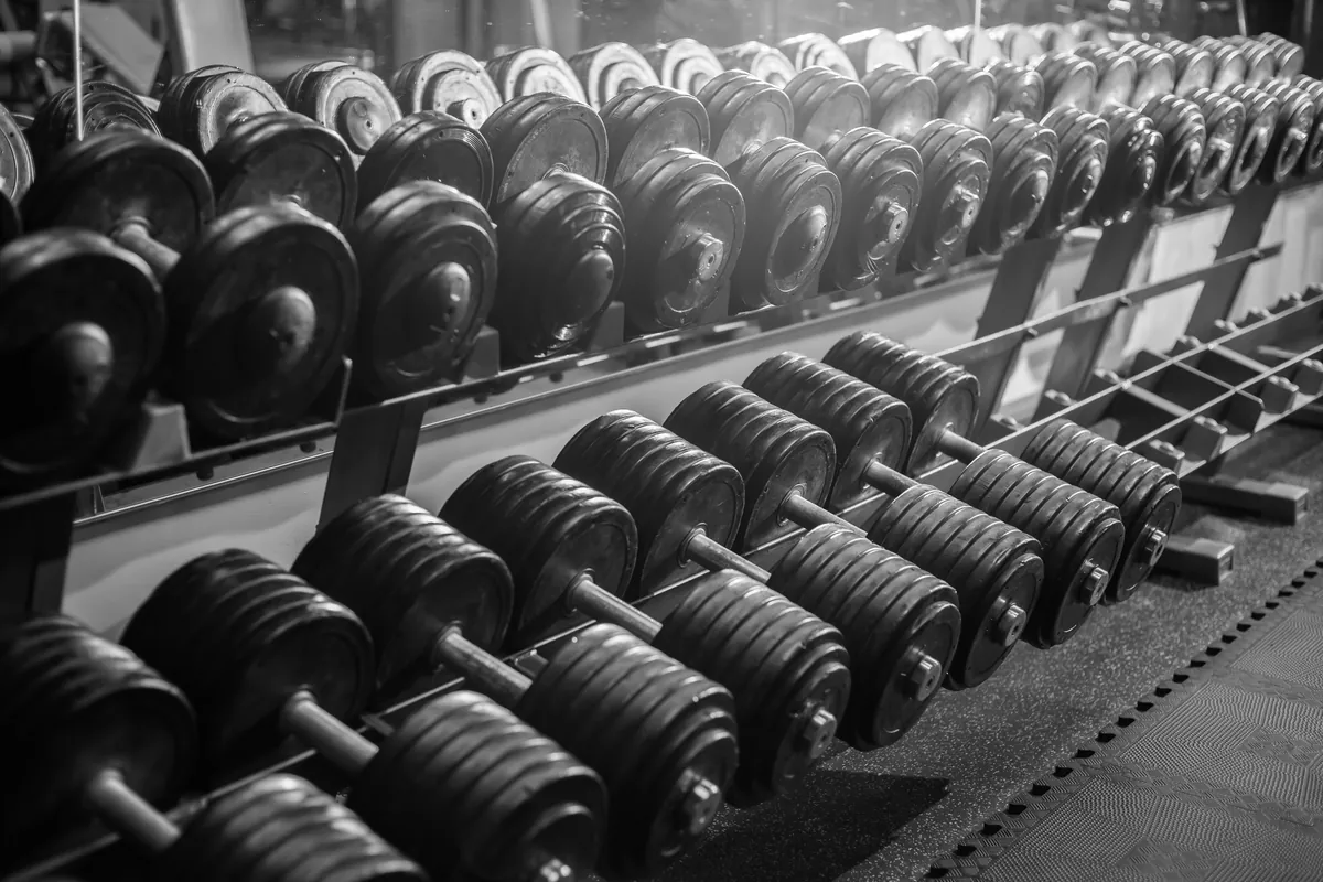 Rack of dumbbells in descending weight order